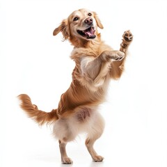 A golden retriever dog standing on its hind legs with its front paws raised, looking up with a happy expression, isolated on a white background.