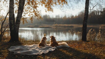 Outdoor with dogs in the nature by a lake, Canada