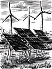 Handdrawn sketch of solar panels and wind turbines representing alternative energy sources in a vector illustration design (21)