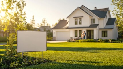 Blank yard sign in green grass on the white house background. Yard sign mockup.