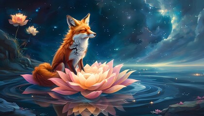 Serene fox practicing yoga on a glowing lotus surrounded by a celestial landscape of stars and nebulae