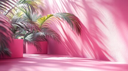 render abstract soft palm leaves shadows over pink backgroun with copy space for product displaying empty podium vacant pedestal roun stage cylinder platform modern minimal fashion concept