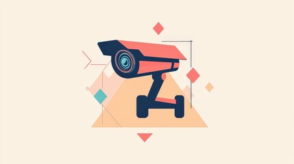 Geometric Flat Vector Illustration of Angled Security Camera with Pastel Background | Minimalist Surveillance Concept Design