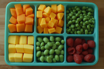 A tray of fruit and vegetables is arranged in a colorful pattern