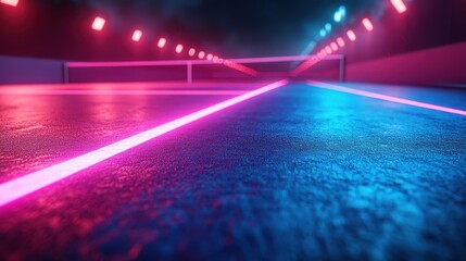 Canvas Print - render neon tennis court scheme sportive game virtual sport playgroun perspective view pink blue glowing line over black background