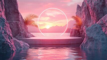 Canvas Print - render tropical scene with rock podium golden palm leaves an glowing neon roun frame pink backgroun an reflection in the water empty stage blank showcase for product presentation