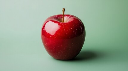 A vibrant red apple against a soft green background, showcasing its glossy skin and crisp appearance, perfect for healthy eating.