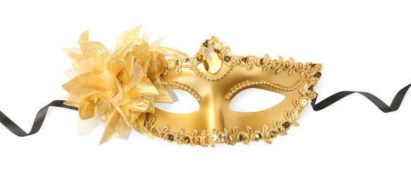 Canvas Print - Beautiful golden carnival mask isolated on white, top view