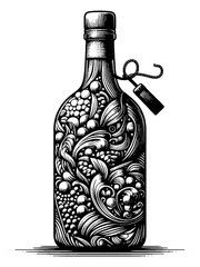 Wine bottles with grape vine motifs in black and white ink drawing. Raster, generative ai.