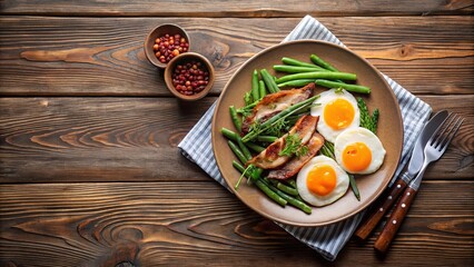 Wooden table set up with a delicious plate of eggs, bacon, and green beans