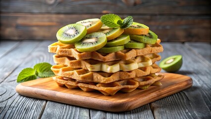 Wall Mural - Stack of delicious waffles topped with fresh kiwi and ripe bananas for breakfast