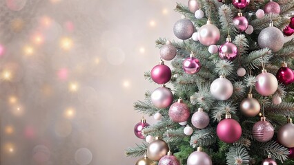 Wall Mural - Festive Christmas tree decorated with pink and silver baubles for holiday celebration