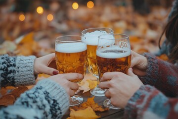 Friends gather at a local restaurant in cozy attire to enjoy refreshing beers together after work during autumn evenings