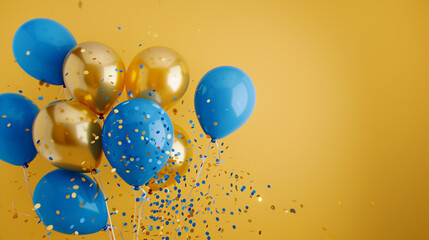 Gold and blue balloon background with copy space – perfect for festive celebrations and party decor