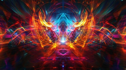 Wall Mural - Abstract artwork featuring a symmetrical, multicolored, radiating pattern, reminiscent of flames and light.