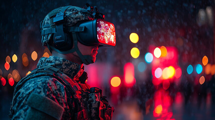 Sticker - A soldier in camouflage gear uses a VR headset in a snowy city at night.