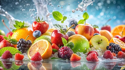 Wall Mural - Juicy and Refreshing Assorted Fruits Close-up Soaking in Water against Hazy Background for Health Concept