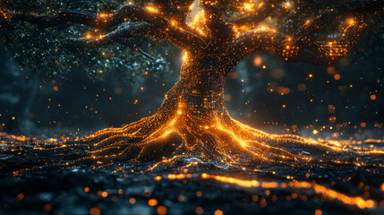 Canvas Print - A glowing tree with intricate roots in a dark forest.