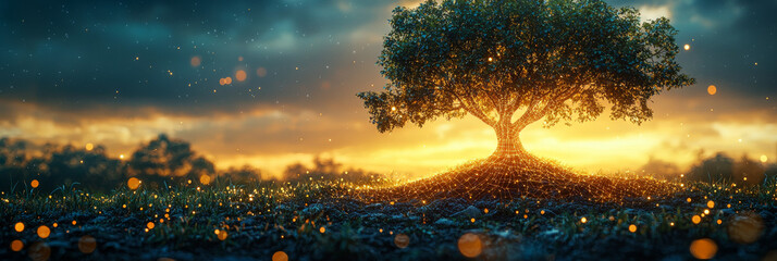 A lone tree with glowing roots stands in a field of grass.