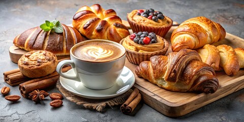 Continental breakfast pastries selection with cappuccino coffee on table for morning meal