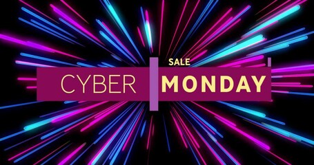 Sticker - Cyber Monday sale animation with colorful light streaks on black background