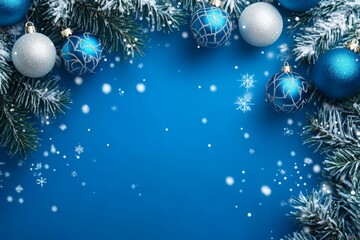 a festive blue christmas background adorned with snowflakes and christmas balls surrounded by winter