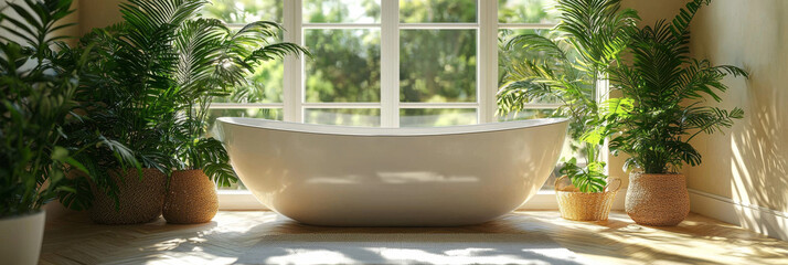 Wall Mural - A white bathtub sits in a bathroom with lush greenery.