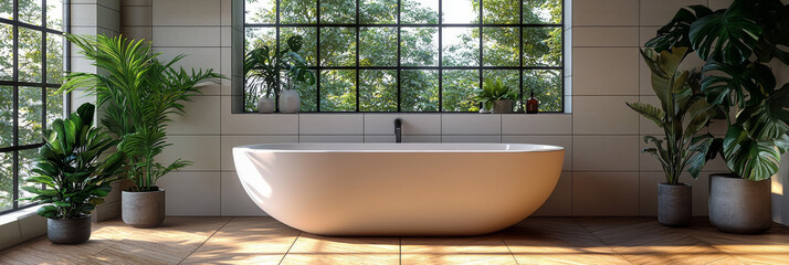 Poster - A modern bathroom with a freestanding bathtub and large windows.