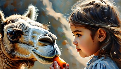 Closeup oil painting of a young girl joyfully feeding carrots to a friendly llama in a vibrant petting zoo setting