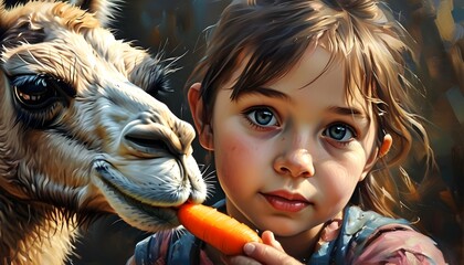 Closeup oil painting of a young girl joyfully feeding carrots to a friendly llama in a vibrant petting zoo setting