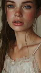 Sticker - Close-Up Portrait of a Woman with Freckles and Blue Eyes