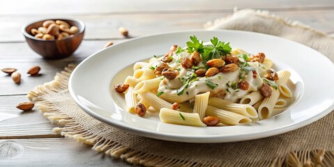 Wall Mural - Creamy pasta with roasted nuts on white plate for delicious Italian cuisine dish