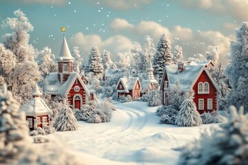 Wall Mural - Charming vintage Christmas village with snow-covered houses and a serene landscape during the winter holiday season