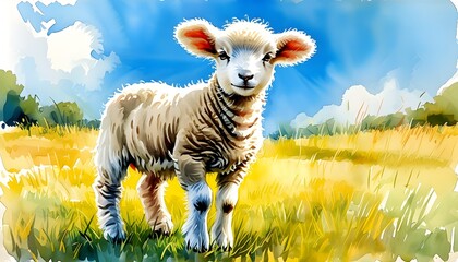 Charming watercolor depiction of playful lambs in a sunlit meadow beneath a vibrant blue sky, capturing the tranquility of rural life.