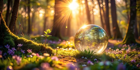 Enchanted glowing orb amidst vibrant blossoms and sunlight in the forest