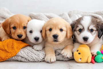 Four adorable puppies lying together on a cozy blanket, showcasing their playful and cute personalities.