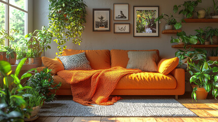 Wall Mural - A cozy living room with a bright orange couch and lots of plants.