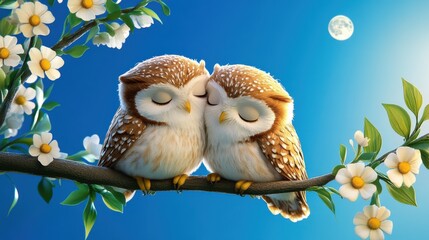 two adorable owls cuddling on a branch surrounded by flowers under a beautiful blue sky.