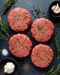 Top down view of raw burger patties seasoned with salt pepper oil herbs and spices on a dark surface (20)