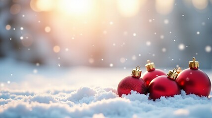 Wall Mural - Glistening Christmas Baubles on Snow, Shiny red and gold baubles resting in soft snow along the bottom of the banner, with the upper half fading into a snowy sky for copy space.