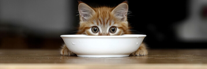 Sticker - A cute orange tabby kitten peeks over the edge of its bowl.