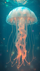 Wall Mural - living bioluminescent jelly anime  a magical floating land, where fantastical creatures like jelly fish emit a soft, radiant glow, creating an enchanting aura that captivates all who behold it