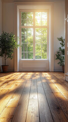 Sticker - Sunlight streams through a large window, illuminating a hardwood floor.