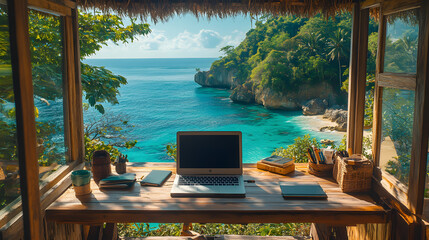 A serene workspace by the sea, featuring a laptop, plants, and stunning ocean views for the perfect remote working atmosphere.