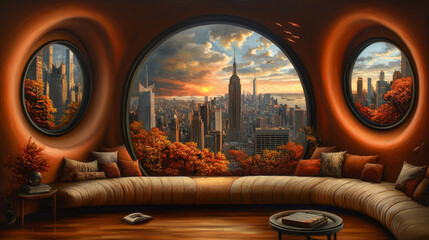 Sticker - A cozy living room with a view of the city skyline through large, round windows.