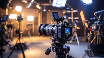 Filming studio with camera, highlighting the central role of the camera in the studio, with a focus on the lens, tripod, and surrounding equipment.