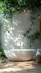 Poster - Relaxing bathtub surrounded by greenery and natural light.