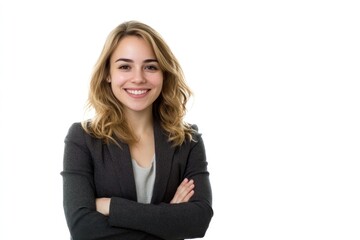 Happy business woman posing in creative office on solid white background, single object