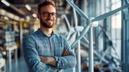 Happy engineer man in renewable energy sector, analyzing solar panels or wind turbine models, set in a workspace that reflects a commitment to sustainability and green technology.