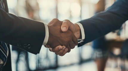 Shot of two businessmen shaking hands in an office. Two smiling businessmen shaking hands while standing in an office. Business people shaking hands, finishing up a meeting